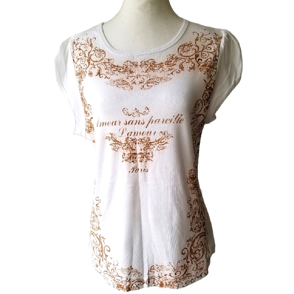 NWT Y2K Women's Casual Gold Graphics and Copper Sparkle Capped Sleeves T-Shirt